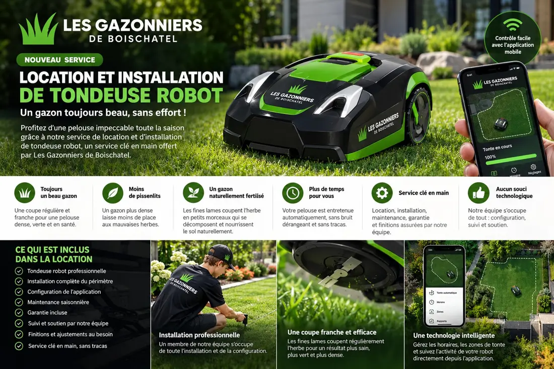 Affiche du service de location et d’installation de tondeuse robot des Gazonniers de Boischatel
