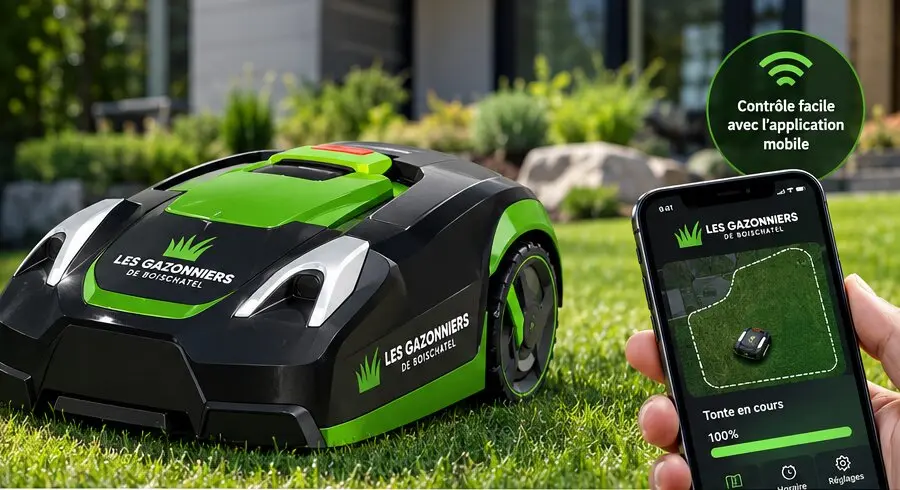 Tondeuse robot aux couleurs des Gazonniers sur une pelouse, contrôlée depuis l’application mobile
